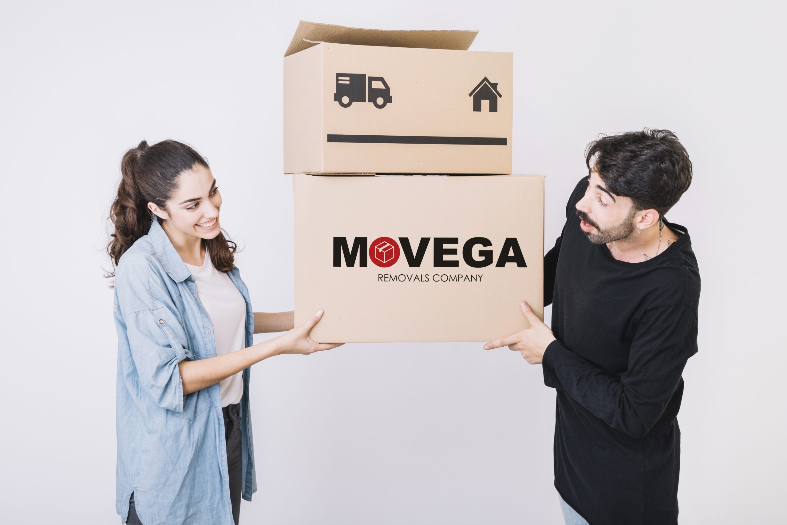 Woman and man holding two boxes