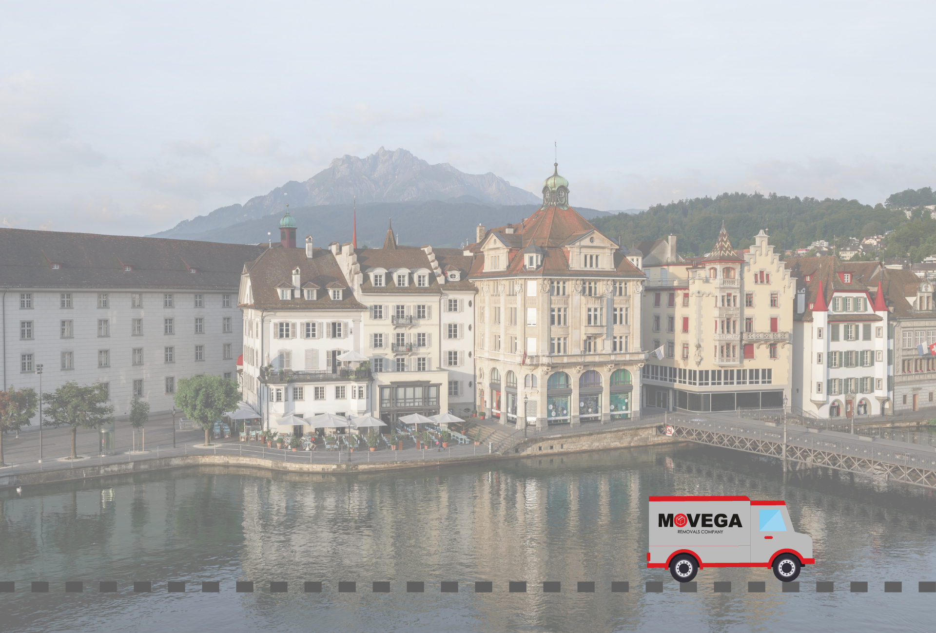 River, buildings and mountain view