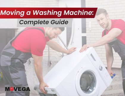 A professional removals team helping with a washing machine