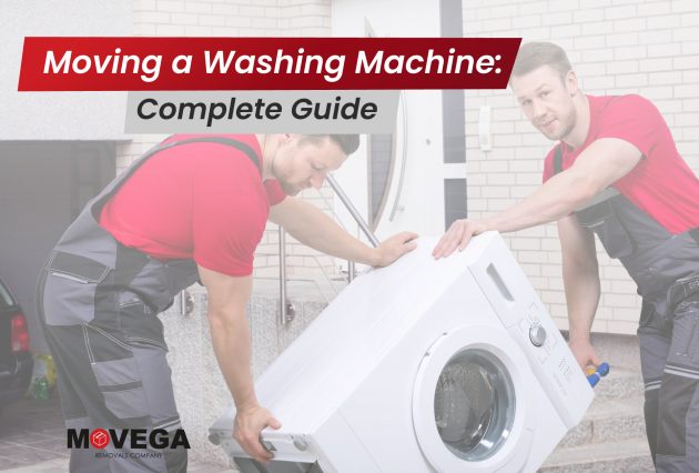 A professional removals team helping with a washing machine